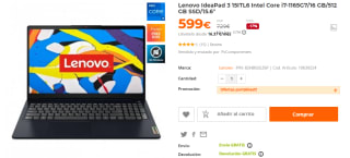Ordenador Portatil Lenovo IdeaPad 3 15ITL6 Intel Core i7-1165G7/16 GB/512 GB SSD/15.6" por 599€