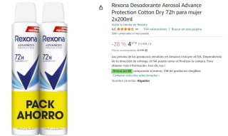 2 Packs de Rexona Desodorante Aerosol Advance Protection Cotton Dry 72h para mujer 2x200ml por 5.14€