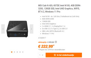 MSI Cubi N ADL-007DE Intel N100/4GB/128GB W11P voor €222,99 bij Nbb