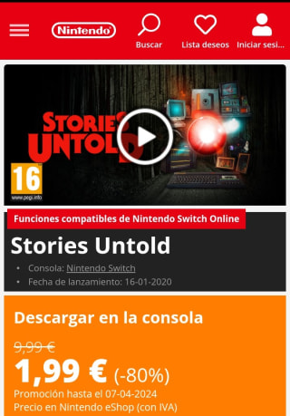 Stories Untold Nintendo Switch por 1,99€.