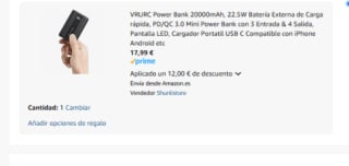 VRURC Mini Power Bank 20000mAh 22.5W de Carga rápida por 17,99€