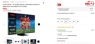TV Mini LED 65" TCL 65C805, QLED 4K, 144Hz Motion Clarity Pro, Dolby Atmos por 594,15€