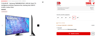 TV QLED 85" Samsung TQ85Q80CATXXC, UHD 4K, Smart TV, Inteligencia Artificial por 1399€