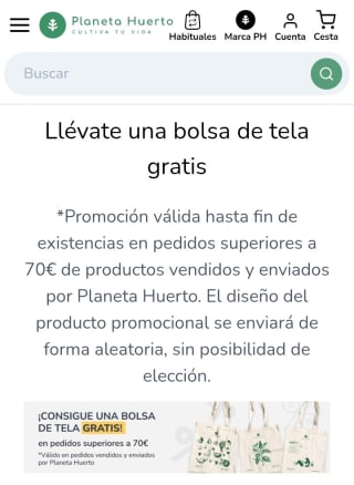 Una Bolsa de tela Gratis con compra en Planeta Huerto.