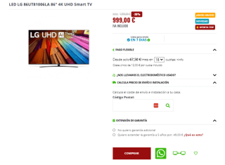 TV LG 86UT81006LA 86" LED UltraHD 4K HDR10 WebOS por 999€