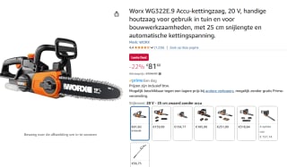 Worx kettingzaag WG322E.9 20V (zonder accu) voor €71,60 dmv code bij Amazon