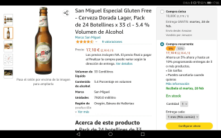 Pack de 24 Botellines x 33 cl San Miguel Especial Gluten Free - Cerveza Dorada Lager 5.4 % Volumen de Alcohol. Por 17,10€
