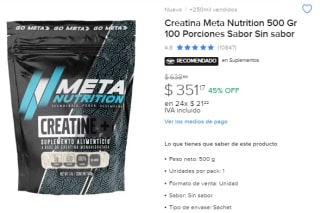 Creatina Meta Nutrition 500g Sin Sabor por $351 en Mercado Libre