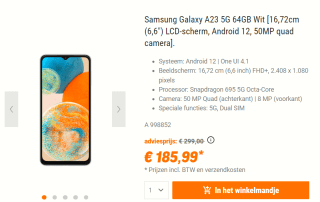 Samsung Galaxy A23 5G- 64 GB - Wit voor €185,99 bij NBB
