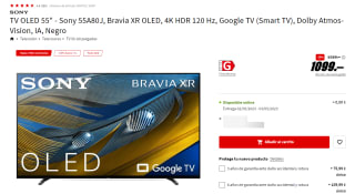 Television OLED 55" - Sony 55A80J, Bravia XR OLED, 4K HDR 120 Hz, Google TV (Smart TV), Dolby Atmos-Vision, IA por 1099€