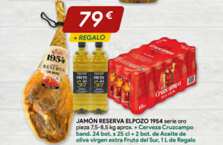 Jamón Reserva ElPozo 1954 + Cerveza Cruzcampo 24 botellas + 2 litros aceite virgen extra por 79€