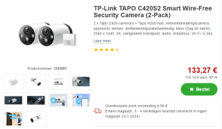 TP-Link Tapo C420S2 - 2 Beveiligingscamera's/IP Camera+basisstation voor €133,27 bij Proshop