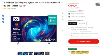 TV QLED 55'' Hisense 55E7KQ PRO Smart TV UHD 4K, Quantum Dot Colour por 489€