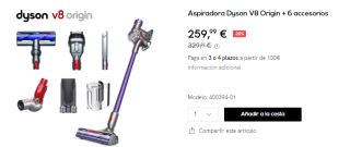 Dyson aspiradora V8 Origin + 6 accesorios por 259,99€