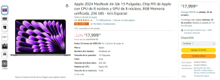 MacBook Air 2024 13" M3 8GB 256GB por $17,999 en Amazon