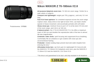Nikon Nikkor Z 70-180mm f/2.8 voor €1.059 bij Proshop