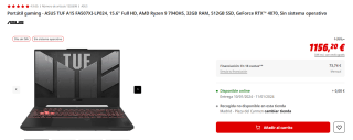 Ordenador Portátil gaming ASUS TUF A15 FA507XI-LP024, AMD Ryzen 9 7940HS, 32GB RAM, 512GB SSD por 1.146.2€