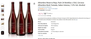 24 botellines Alhambra Reserva Roja 33cl, Cerveza Alhambra Bock Tostada por 19,17€