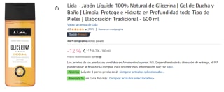 3 Botes de Lida - Jabón Líquido 100% Natural de Glicerina | Gel de Ducha y Baño | Limpia, Protege e Hidrata en Profundidad todo Tipo de Pieles | Elaboración Tradicional - 600 ml por 8.12€