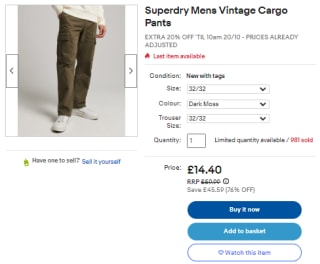 Acquire eBay's superdry men's vintage cargos available for £13.50