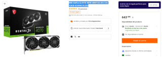 Tarjeta Grafica MSI GeForce RTX 4070 VENTUS 3X E OC 12GB GDDR6 DLSS3 por 643.4€