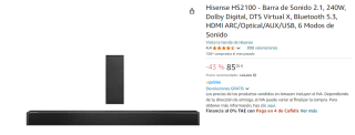 Hisense HS2100 - Barra de Sonido 2.1, 240W, Dolby Digital, DTS Virtual X, Bluetooth 5.3 por 85.05€
