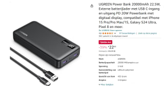 UGREEN Power Bank 20.000mAh 22.5W voor €22,49 bij Amazon