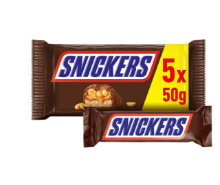 3 Snickers Chocolatina con Crema de Cacahuete, Suave Caramelo y trocitos de Cacahuete recubiertos de chocolate 5 x 50g por 6,02€
