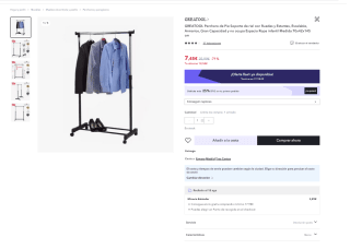 Perchero de Pie con ruedas y estante 70x42x145 cm por 7,45€