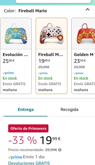 Mando con cable mejorado PowerA para Nintendo Switch Fireball Mario por 19,99€.