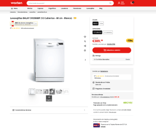 Lavavajillas Balay 3VS506BP 12 servicios 5 programas 60 cm por solo 296,10€