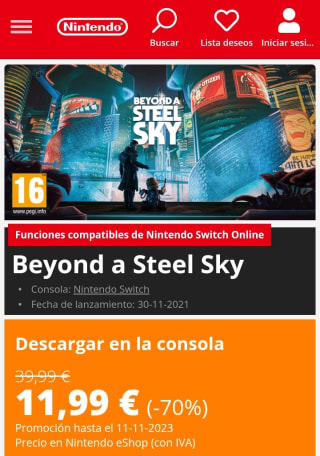Beyond a Steel Sky Nintendo Switch por 11,99€.