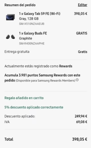 Samsung Galaxy Tab S9 FE Wifi, 128GB + Samsung Galaxy Buds FE por 398,05€