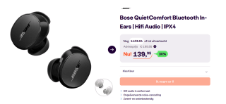Bose QuietComfort draadloze noise cancelling oordopjes voor €139,95 bij Ibood