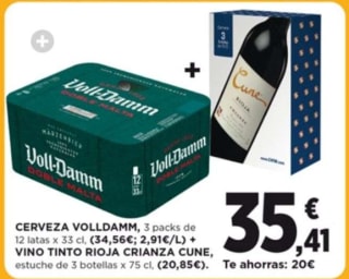 Pack 3 VOLL DAMM cerveza rubia 36 latas total + 3 vino Rioja Cune por solo 35,41€