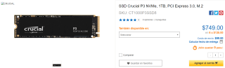 SSD Crucial P3 NVMe 1TB por $749 en CyberPuerta