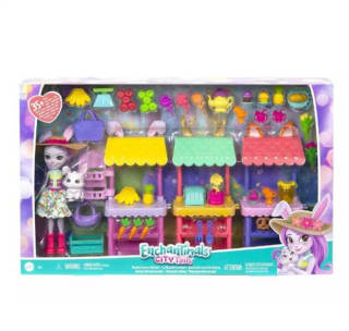 Enchantimals City Tails Mercado de productores de Becker Bunny y Swoosh Muñeca con mascota conejo con tiendas de juguete y 35 accesorios por 22.2€