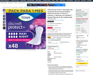 TENA Discreet Protect+ Maxi Night x48 Compresas Nocturnas para Mujeres - para perdidas de orina-Absorción con InstaDRY por solo 12,68€