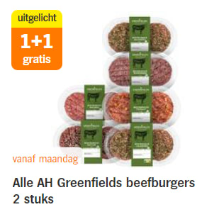 Alle AH Greenfields beefburgers 2 stuks voor €4 bij de AH