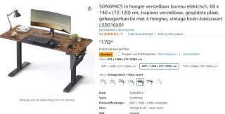 SONGMICS In hoogte verstelbaar bureau elektrisch, 60 x 140 x (72-120) cm,voor €118,99 bij Amazon