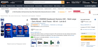 MENNEN - MARINE Deodorant Homme 24H - Stick Large - Sans Alcool - Anti-Traces - 60 ml - Lot de 6 à 13,92€
