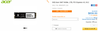 SSD Acer Predator GM7 NVMe 1TB por $1,499 en CyberPuerta