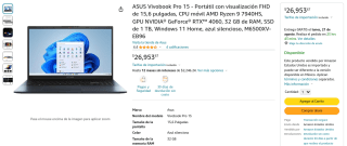 ASUS Vivobook Pro 15 Ryzen 9 RTX 4060 por $26,954 en Amazon