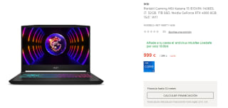 MSI Katana 15 B13VFK-1408ES con i7 13620H 32GB, 1TB SSD, RTX 4060 8GB, 15,6" QHD, W11 por 999€