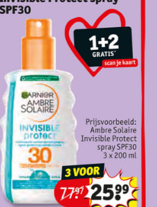 1+2 gratis op 200ml Garnier Ambre Solaire invisible protect SPF30 bij Kruidvat