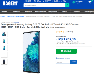 Smartphone da Samsung, modelo Galaxy S20 FE de 128GB - R$ 1.709,10