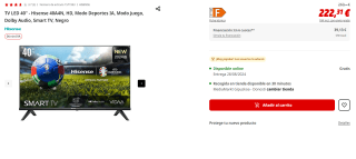 TV LED 40" - Hisense 40A4N, HD, Modo Deportes IA, Modo Juego, Dolby Audio, Smart TV por 222.31€