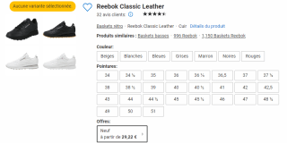 Baskets Reebok Classic Leather en cuir à 29,22€