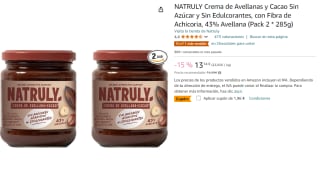 Pack 2 x 285grs de NATRULY Crema de Avellanas y Cacao Sin Azúcar y Sin Edulcorantes, con Fibra de Achicoria, 43% Avellana por 11.18€