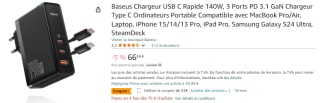 Chargeur USB C Rapide 140W Baseus 3 Ports à 66,66€